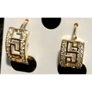 Laminated Gold Tone Greek Key Hoop Earrings Cubic CZ‎ Square Geometric